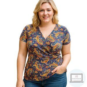 Lauren Ralph Lauren Womens Faux Wrap Knit Top Blue Multicolor Paisley Size XL